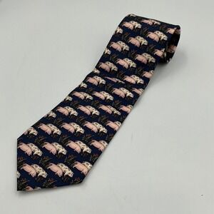 Harrods Mens Silk Tie Navy Blue Pig Farm Novelty Pattern Made in England